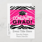 Personalisierte Pink Black Zebra Graduierungsparty Einladungspostkarte (Vorne/Hinten)
