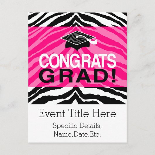 Personalisierte Pink Black Zebra Graduierungsparty Einladungspostkarte (Vorderseite)