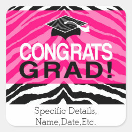 Personalisierte Pink Black Zebra Graduierungsparty Quadratischer Aufkleber