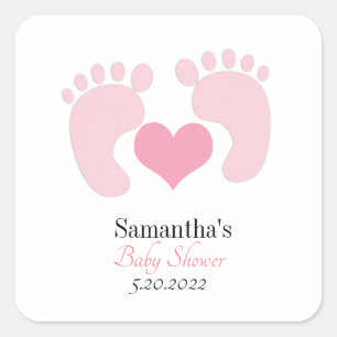 Personalisierte Pink Footprints Hearts Baby Dusche Quadratischer Aufkleber