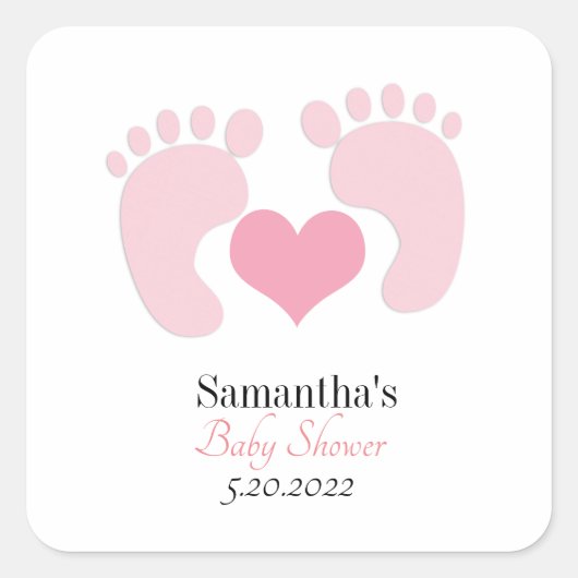 Personalisierte Pink Footprints Hearts Baby Dusche Quadratischer Aufkleber (Vorderseite)