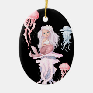 Personalisierte Pink Mermaid und Quallen Weihnacht Keramik Ornament