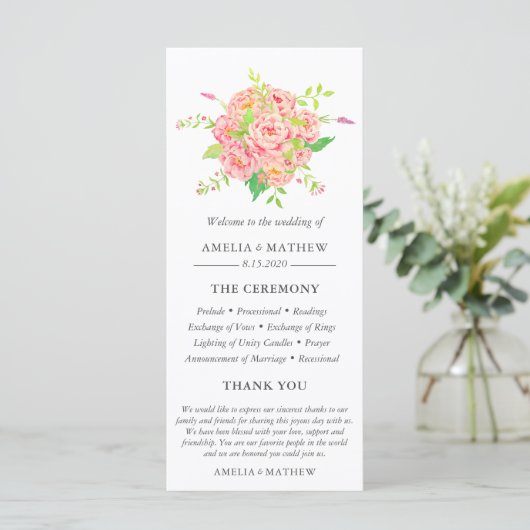 Personalisierte Pink Peony Wedding Programm (Stehend Vorderseite)