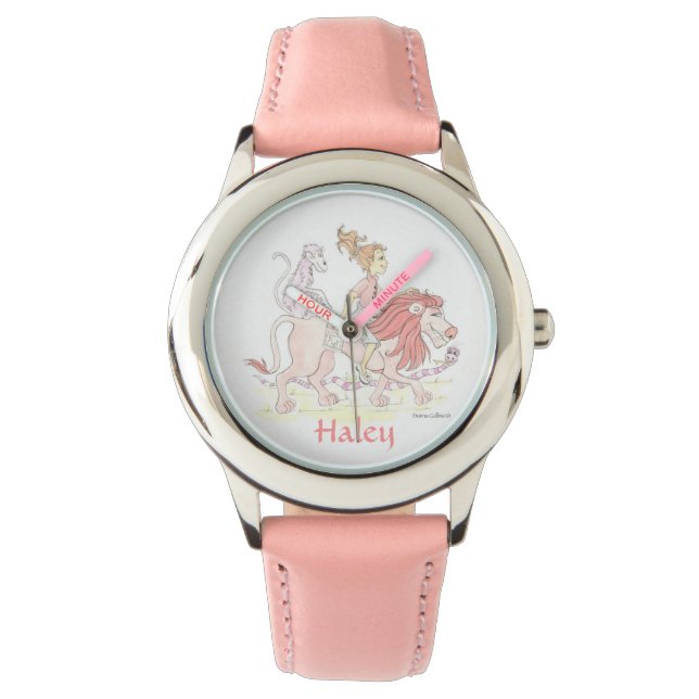 Personalisierte PINK-Uhr des Mädchens mit Tieren Armbanduhr (Vorderseite)