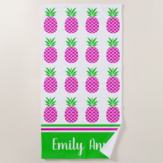 Personalisierte Pink und grüne Ananas Strandtuch (Vorderseite)