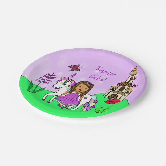 Personalisierte Prinzessin und Schloss Unicorn Geb Pappteller (Schrägansicht)