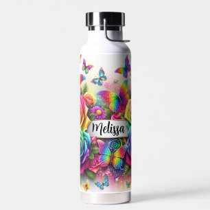 Personalisierte Regenbogen-Rose und Schmetterlinge Trinkflasche
