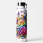 Personalisierte Regenbogen-Rose und Schmetterlinge Trinkflasche (Rückseite)