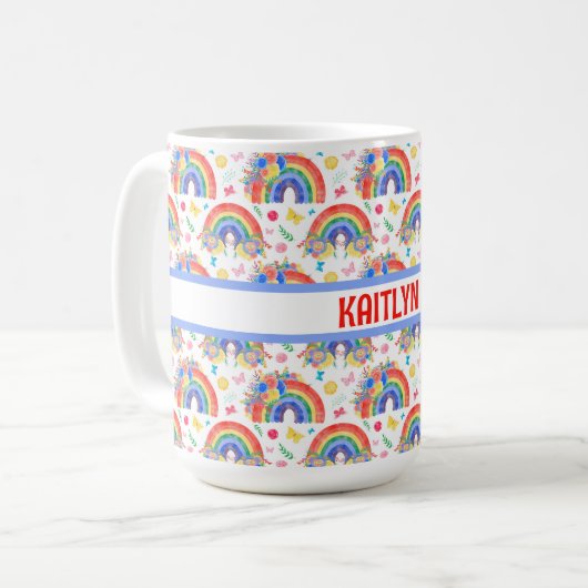 Personalisierte Regenbogen und Blume Kaffeetasse (Vorderseite Links)