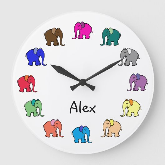 Personalisierte Regenbogenfarbene Niedliche Elefan Große Wanduhr (Vorderseite)