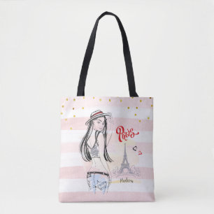 Personalisierte Reise Paris Rosa Streifen Sketch Tasche