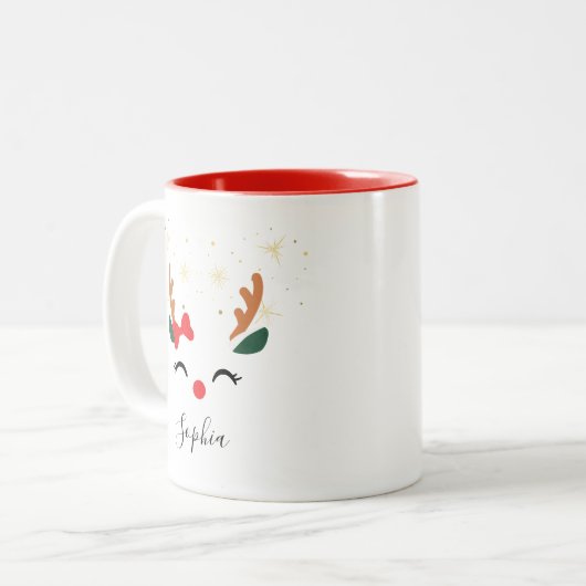 Personalisierte Rentier Face Weihnachtsfeier Tasse (Vorderseite Links)