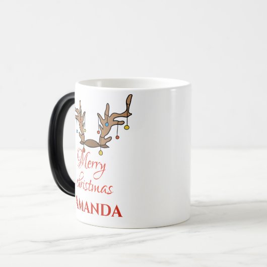 Personalisierte Rentierdekoration - Frohe Weihnach Verwandlungstasse (Vorderseite Links)
