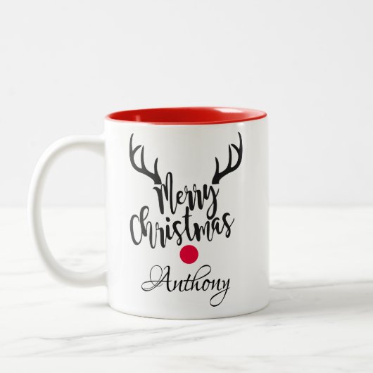 Personalisierte Rentiere - frohe Weihnachten Zweifarbige Tasse (Links)