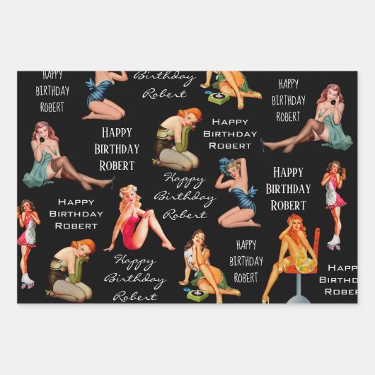 Personalisierte Retro-Button-Up-Girls Geschenkpapier Set (Vorderseite 3)