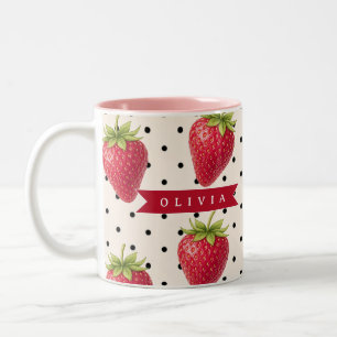 Personalisierte Retro-Erdbeere Punkte Vintage Zweifarbige Tasse