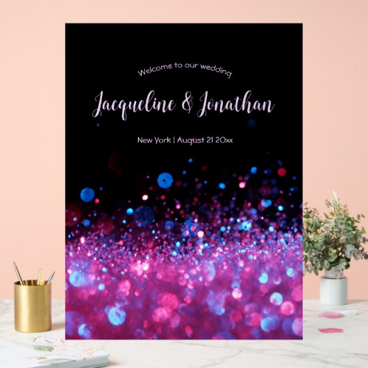 Personalisierte Retro Neon Pink Black Glitzer Hoch Acrylschild (Hochzeit)