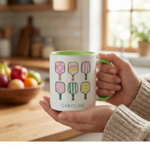 Personalisierte Retro-Pink-Grün-Pickleball-Liebhab Zweifarbige Tasse
