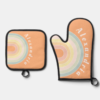 Personalisierte Retro-Regenbogenpastel Ofenhandschuh & Topflappen-Set