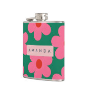 Personalisierte Retro-Rosa Gänseblümchen auf Grün Flachmann (Links)