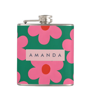 Personalisierte Retro-Rosa Gänseblümchen auf Grün Flachmann
