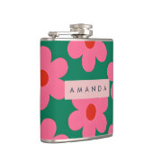 Personalisierte Retro-Rosa Gänseblümchen auf Grün Flachmann (Rechts)