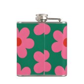 Personalisierte Retro-Rosa Gänseblümchen auf Grün Flachmann (Rückseite)