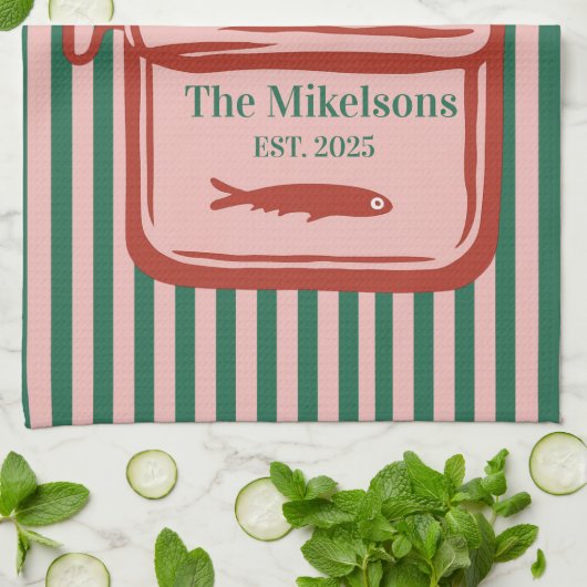 Personalisierte Retro Sardine Tin Streifen Geschirrtuch (Gefaltet)