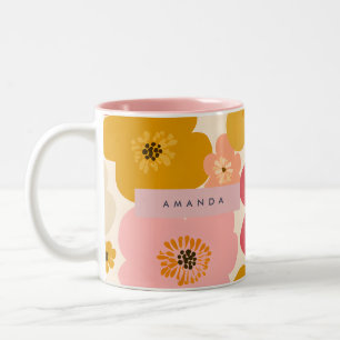 Personalisierte Retro-Senf- und rosa Blumenblüten Zweifarbige Tasse