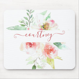 Personalisierte rosa Aquarell-Blumen  Mousepad