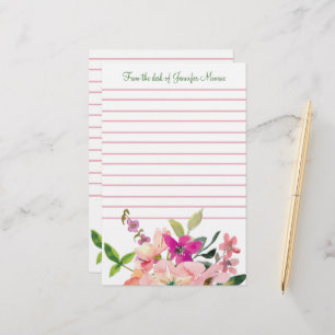 Personalisierte rosa Aquarellblumen mit Linien Briefpapier