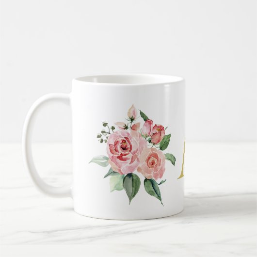 Personalisierte rosa Aquarellfarben Rose Kaffeetasse (Links)
