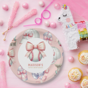 Personalisierte rosa Baseball-Schleife zum Mädchen Pappteller