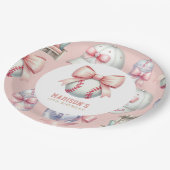 Personalisierte rosa Baseball-Schleife zum Mädchen Pappteller (Schrägansicht)
