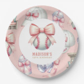 Personalisierte rosa Baseball-Schleife zum Mädchen Pappteller (Vorderseite)