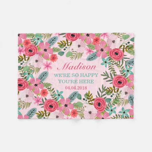 Personalisierte Rosa Blumendecke Fleece Babydecke (Vorderseite (Horizontal))