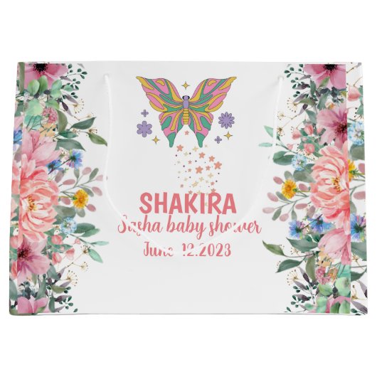 Personalisierte, rosa Blütendusche, Schmetterlings Große Geschenktüte (Vorderseite)