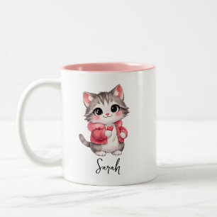 Personalisierte rosa Cartoon-Kitty-Katze-Kaffeetas Zweifarbige Tasse