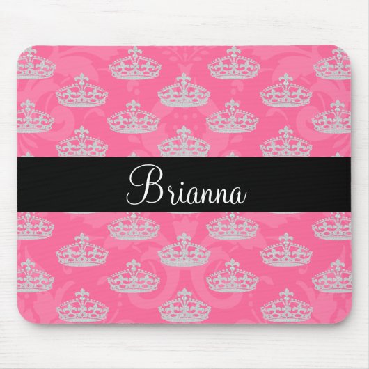 Personalisierte rosa Damast-Diamant-Namenskrone Mousepad (Vorne)