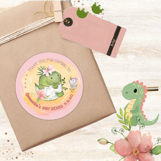 Personalisierte Rosa Dino & Duckling Baby Dusche Runder Aufkleber