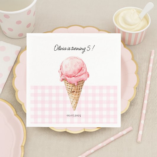 Personalisierte rosa Eiscreme-Geburtstagsserviette Serviette