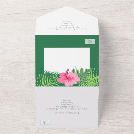 Personalisierte rosa Flamingo Tropische Hochzeit All In One Einladung (Außenbereich)