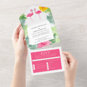 Personalisierte rosa Flamingo Tropische Hochzeit All In One Einladung (Abreißen)
