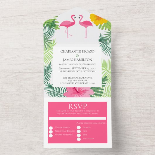 Personalisierte rosa Flamingo Tropische Hochzeit All In One Einladung (Innen Boden)