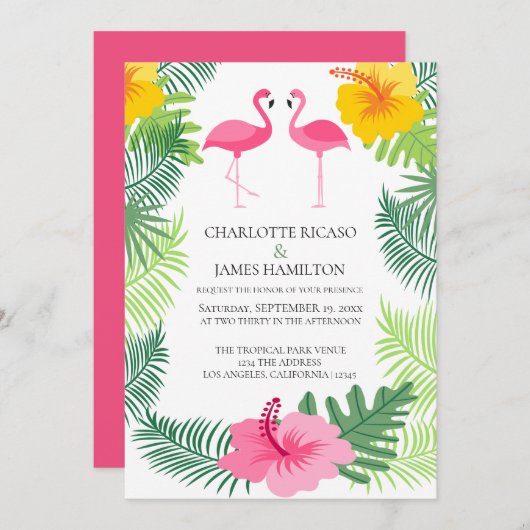 Personalisierte rosa Flamingo Tropische Hochzeit Einladung (Vorne/Hinten)