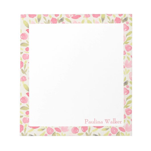 Personalisierte, rosa, florale Wasserfarbengrenze Notizblock (Vorderseite)