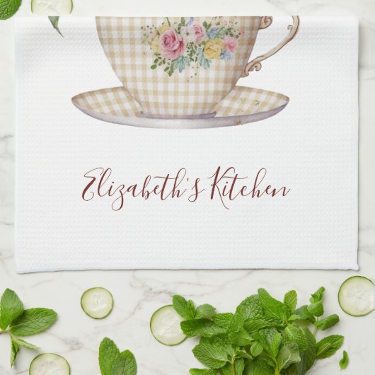 Personalisierte rosa gelbe blaue Blumen im Teacup Geschirrtuch (Gefaltet)