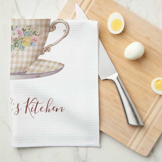 Personalisierte rosa gelbe blaue Blumen im Teacup Geschirrtuch (Viertel Falte)