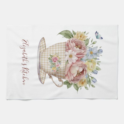 Personalisierte rosa gelbe blaue Blumen im Teacup Geschirrtuch (Horizontal)