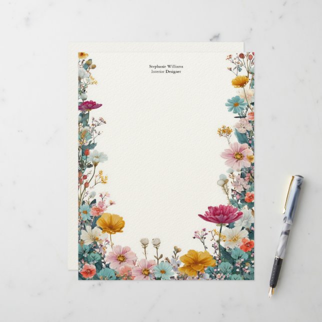 Personalisierte rosa gelbe teal Wilde Blumen  Briefbogen (Vorderseite/Rückseite Beispiel)